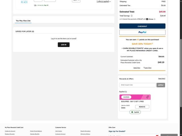 The Children's Place checkout page showing The Children's Place coupon code box | Screenshot taken by SimplyCodes community member on Sep 4, 2025