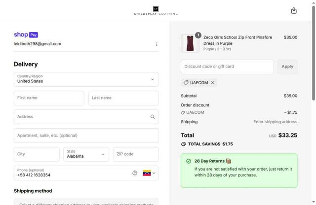 Childsplay Clothing checkout page showing Childsplay Clothing promo code box | Screenshot taken by SimplyCodes community member on Jul 21, 2025