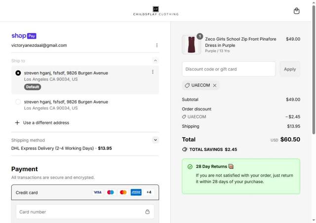 Childsplay Clothing checkout page showing Childsplay Clothing promo code box | Screenshot taken by SimplyCodes community member on Jul 21, 2025