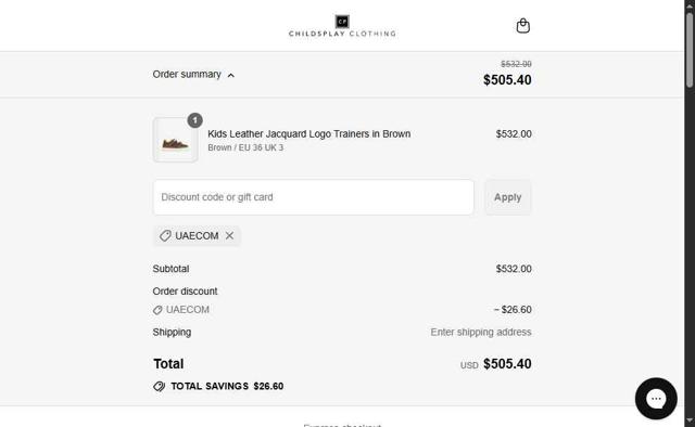 Childsplay Clothing checkout page showing Childsplay Clothing promo code box | Screenshot taken by SimplyCodes community member on Jul 21, 2025