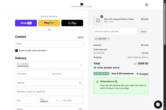 Childsplay Clothing checkout page showing Childsplay Clothing promo code box | Screenshot taken by SimplyCodes community member on Jul 21, 2025