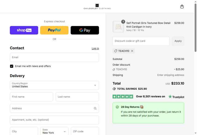 Childsplay Clothing checkout page showing Childsplay Clothing promo code box | Screenshot taken by SimplyCodes community member on Aug 2, 2025