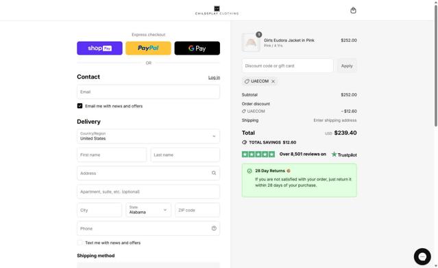 Childsplay Clothing checkout page showing Childsplay Clothing promo code box | Screenshot taken by SimplyCodes community member on Jul 21, 2025
