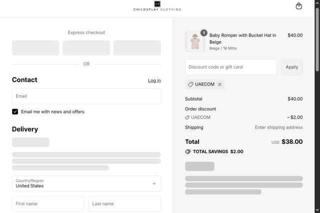 Childsplay Clothing checkout page showing Childsplay Clothing promo code box | Screenshot taken by SimplyCodes community member on Jul 21, 2025