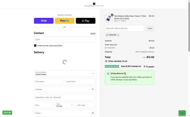 Childsplay Clothing checkout page showing Childsplay Clothing promo code box | Screenshot taken by SimplyCodes community member on Aug 31, 2025