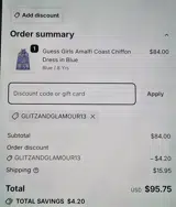 GLITZANDGLAMOUR13 coupon verification screenshot