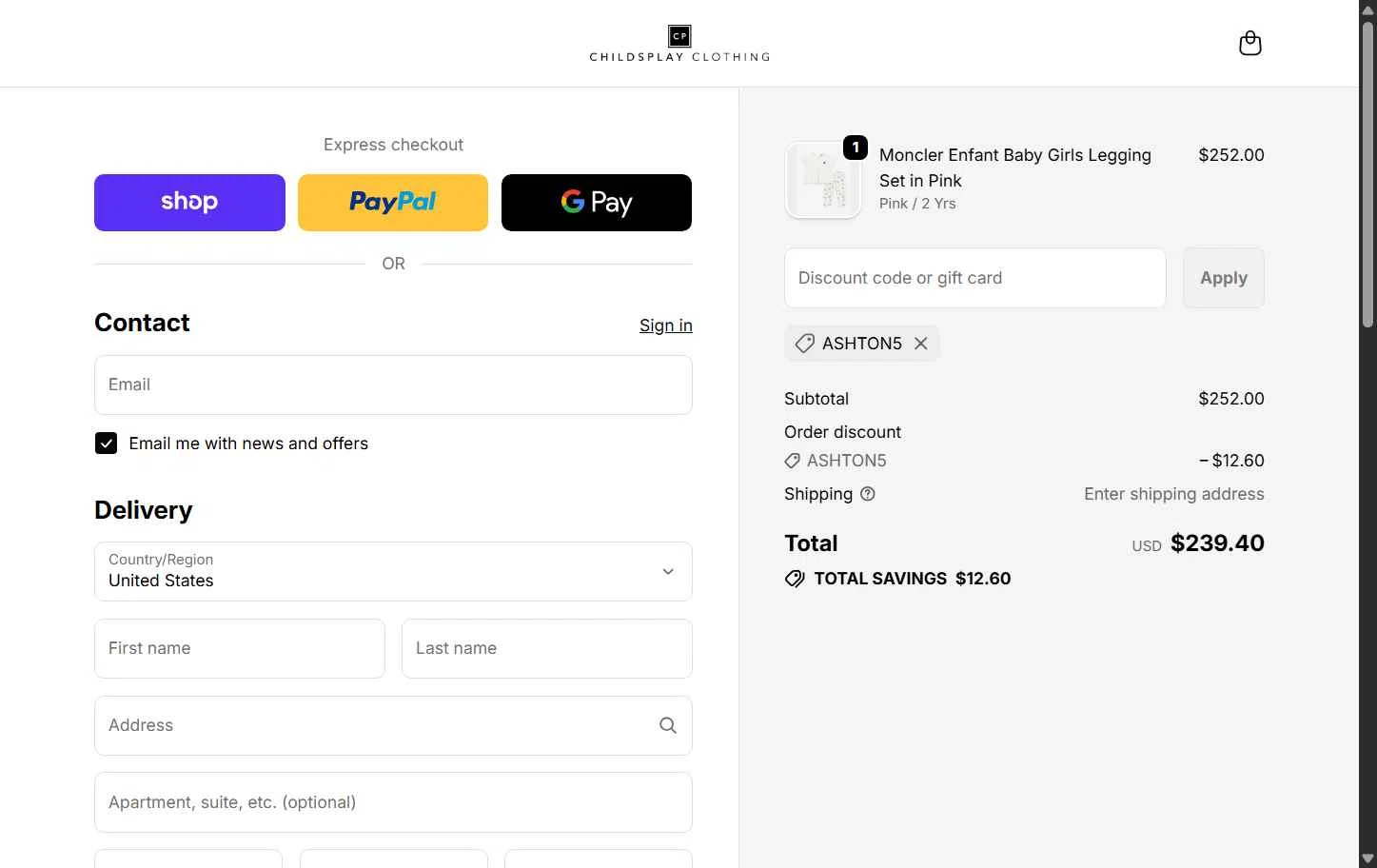 Childsplay Clothing USA checkout page showing Childsplay Clothing USA promo code box | Screenshot taken by SimplyCodes community member on Jan 31, 2026