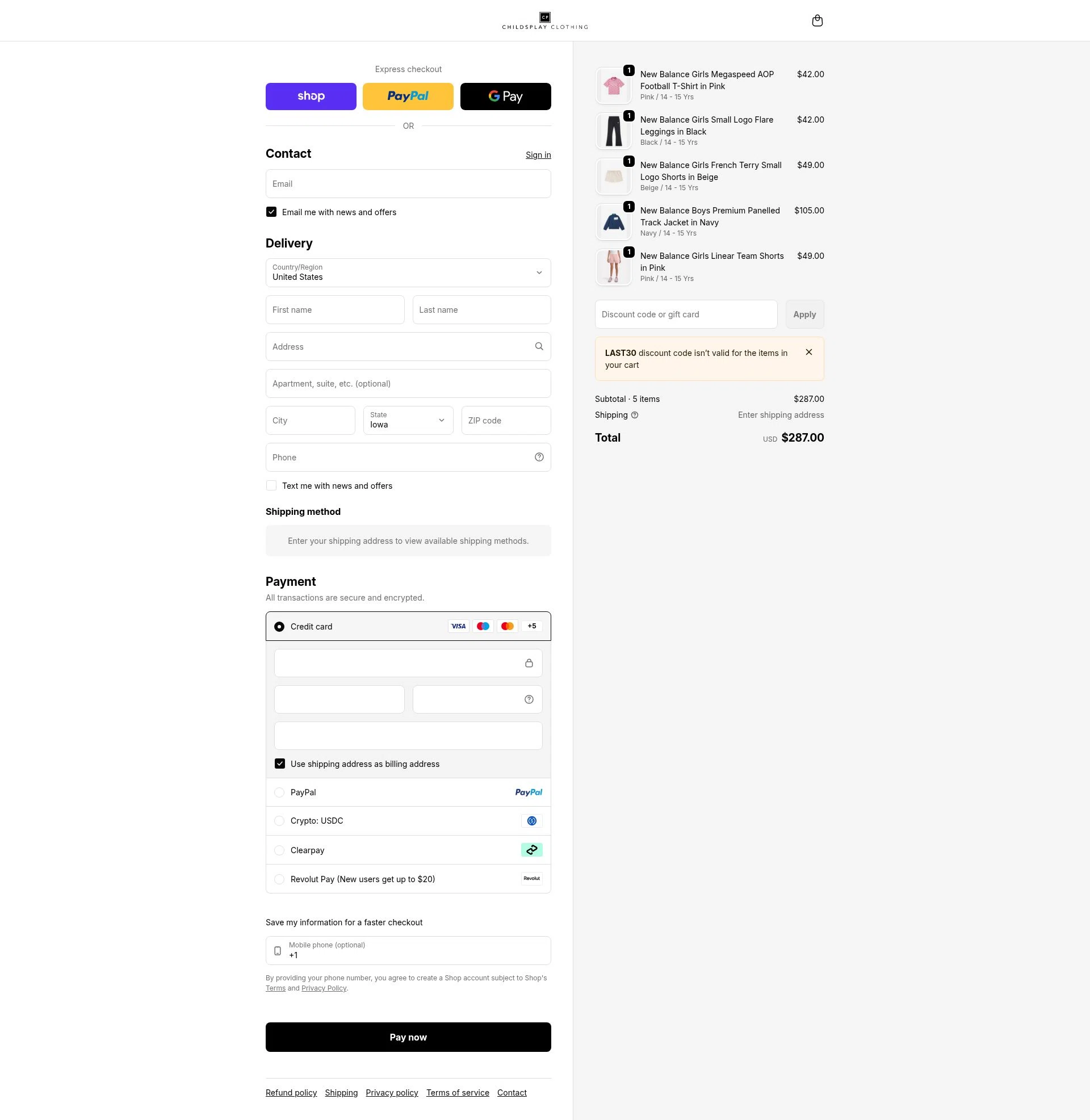 Childsplay Clothing USA checkout page showing Childsplay Clothing USA promo code box | Screenshot taken by SimplyCodes community member on Feb 21, 2026