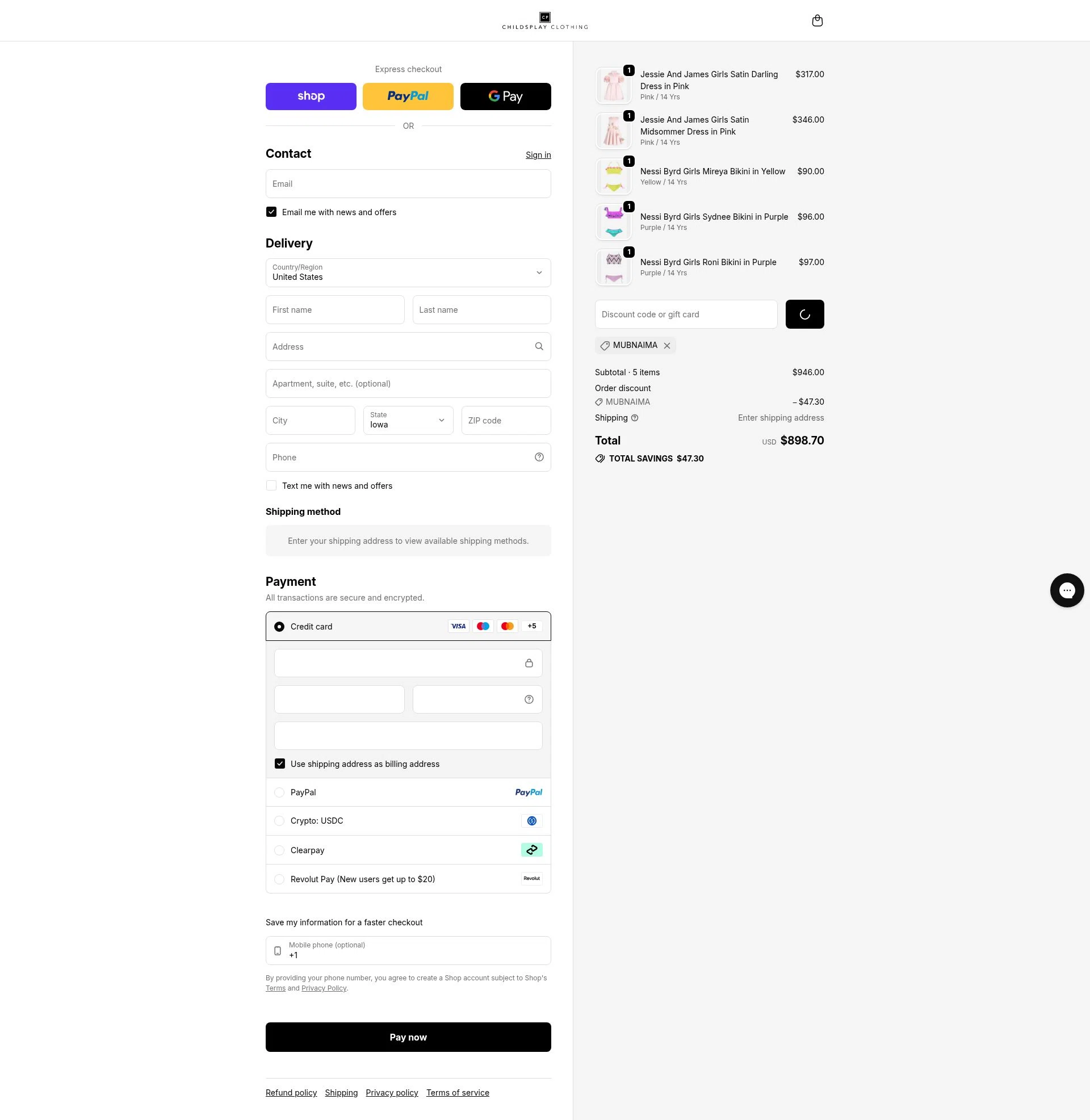 Childsplay Clothing USA checkout page showing Childsplay Clothing USA promo code box | Screenshot taken by SimplyCodes community member on Jan 30, 2026