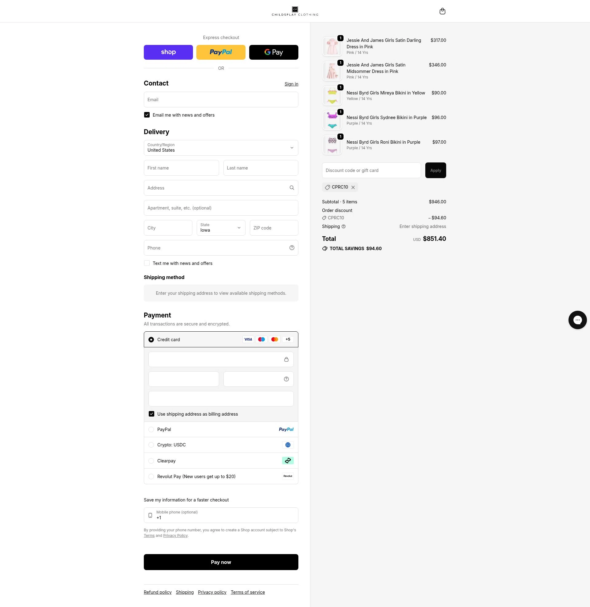 Childsplay Clothing USA checkout page showing Childsplay Clothing USA promo code box | Screenshot taken by SimplyCodes community member on Jan 30, 2026