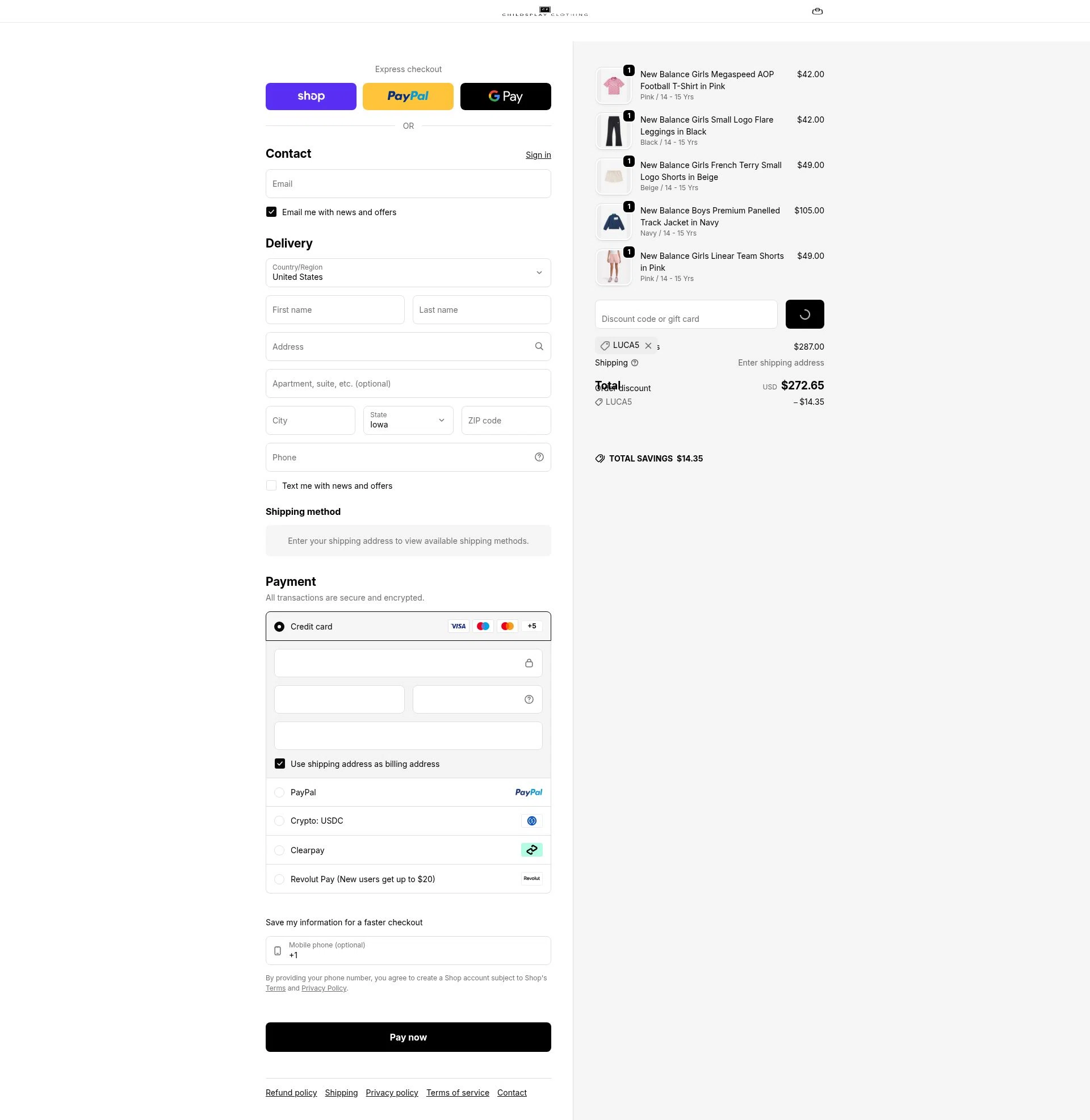Childsplay Clothing USA checkout page showing Childsplay Clothing USA promo code box | Screenshot taken by SimplyCodes community member on Feb 21, 2026