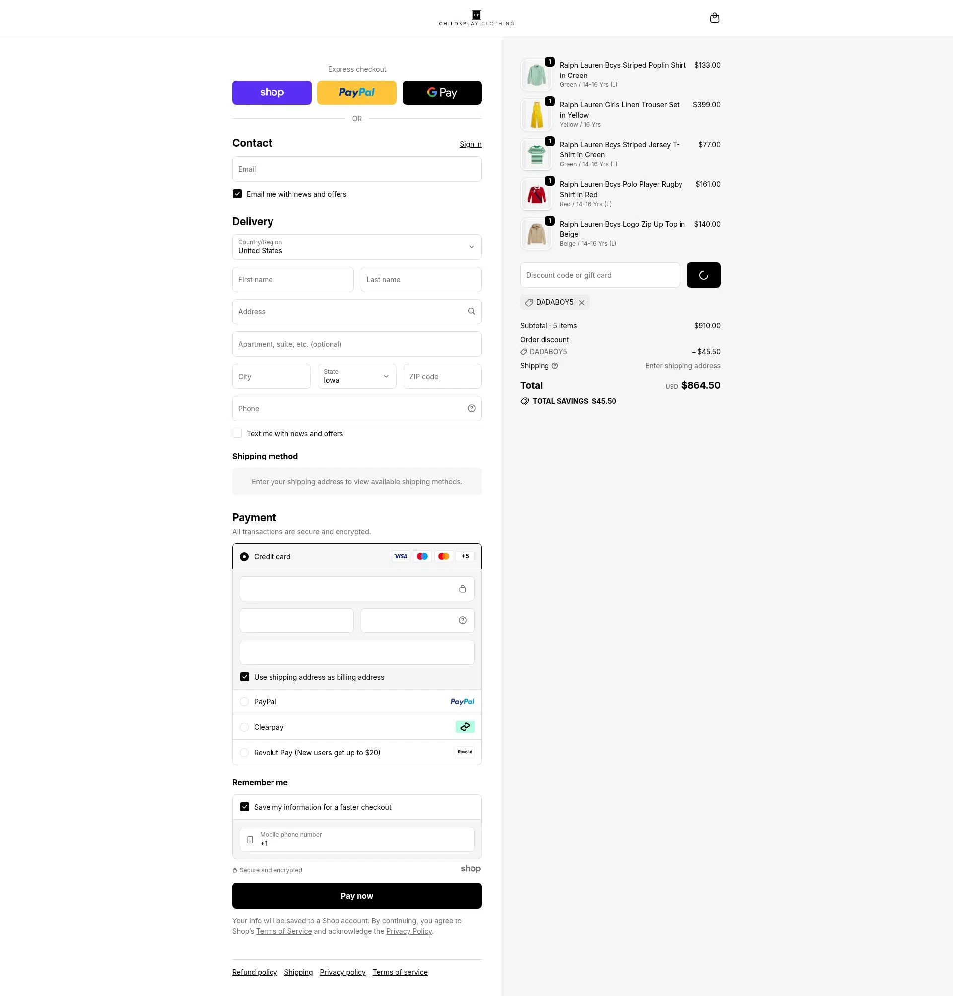 Childsplay Clothing USA checkout page showing Childsplay Clothing USA promo code box | Screenshot taken by SimplyCodes community member on Dec 27, 2025