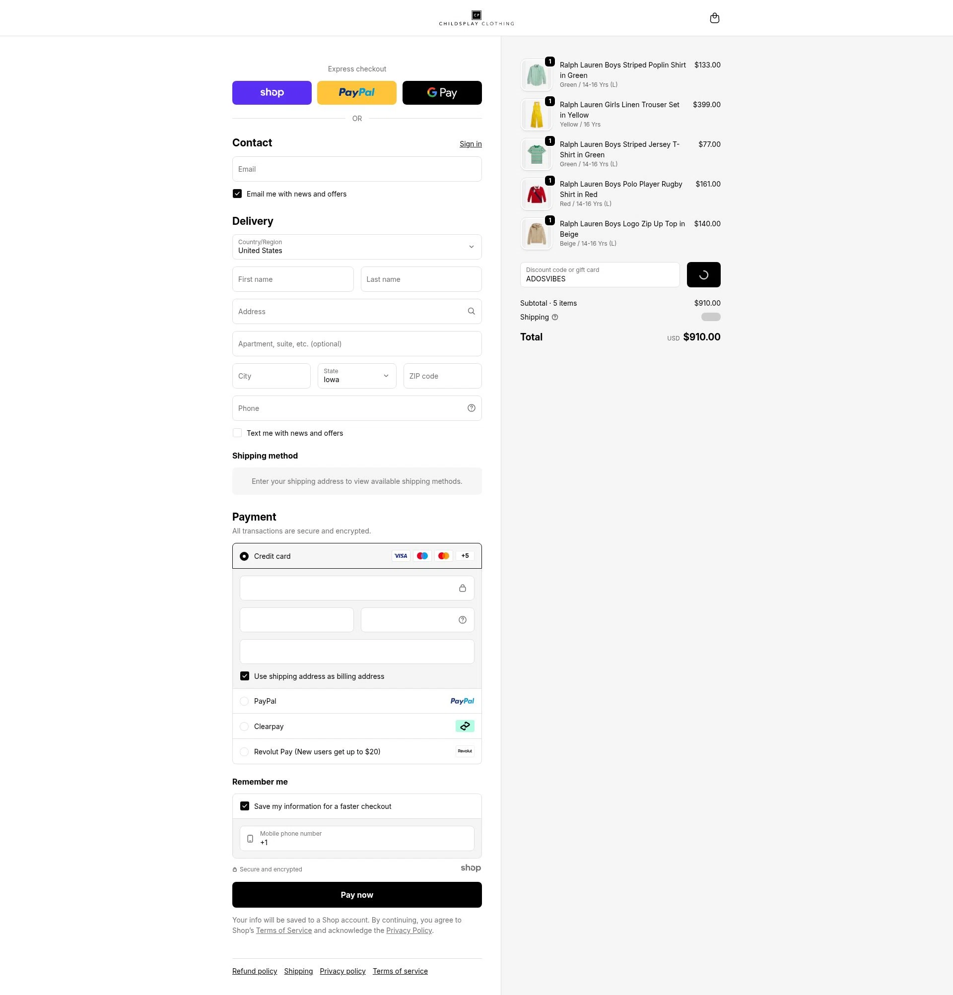 Childsplay Clothing USA checkout page showing Childsplay Clothing USA promo code box | Screenshot taken by SimplyCodes community member on Dec 22, 2025