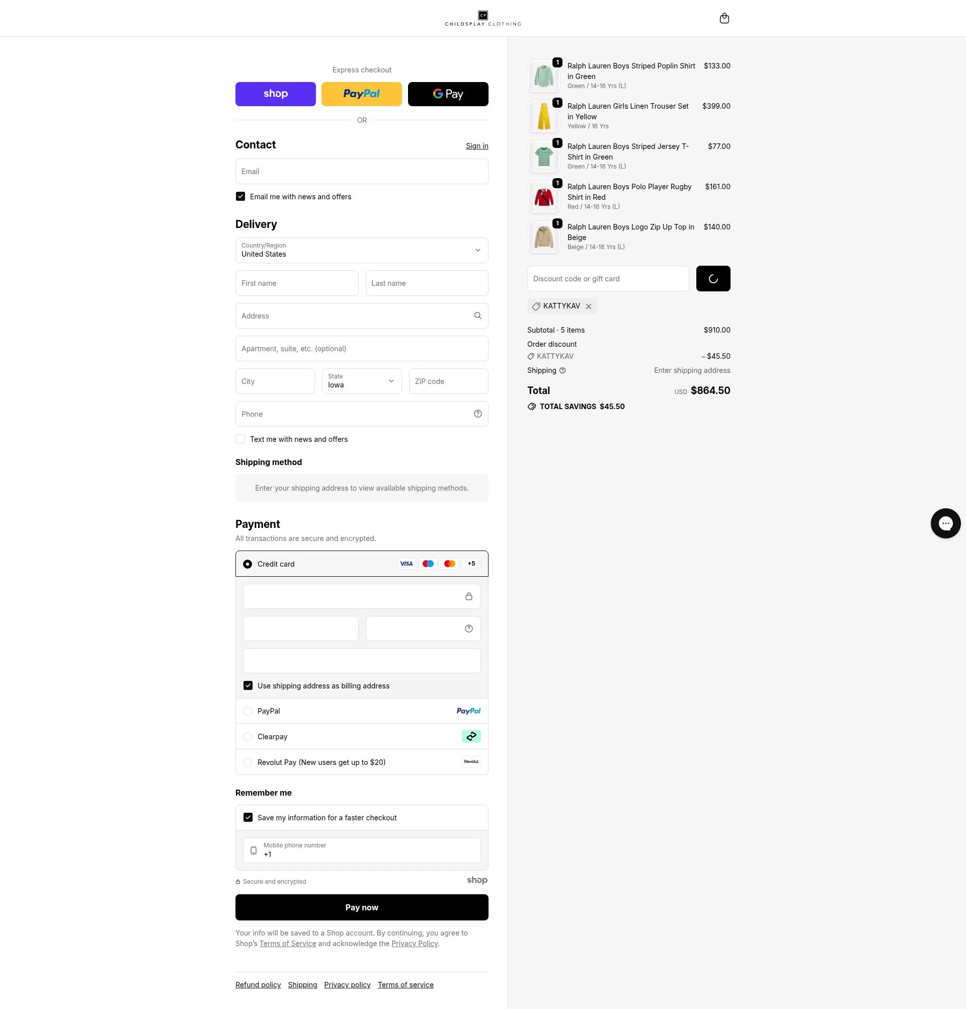 Childsplay Clothing USA checkout page showing Childsplay Clothing USA promo code box | Screenshot taken by SimplyCodes community member on Dec 22, 2025