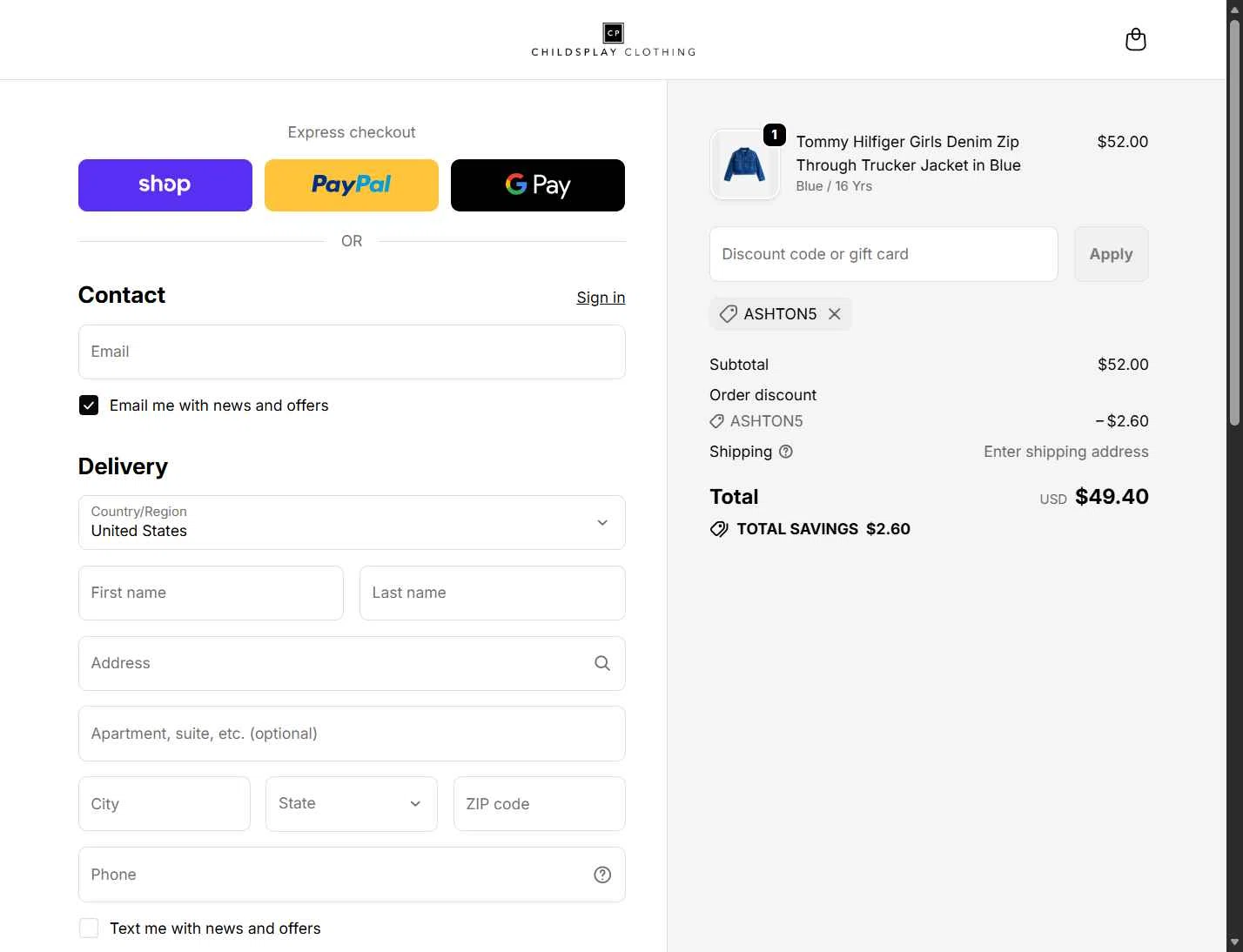 Childsplay Clothing USA checkout page showing Childsplay Clothing USA promo code box | Screenshot taken by SimplyCodes community member on Jan 31, 2026