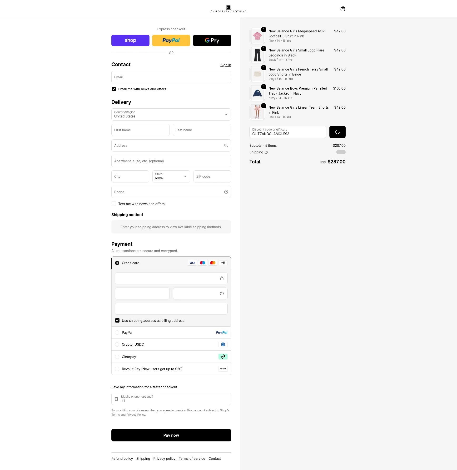 Childsplay Clothing USA checkout page showing Childsplay Clothing USA promo code box | Screenshot taken by SimplyCodes community member on Feb 21, 2026