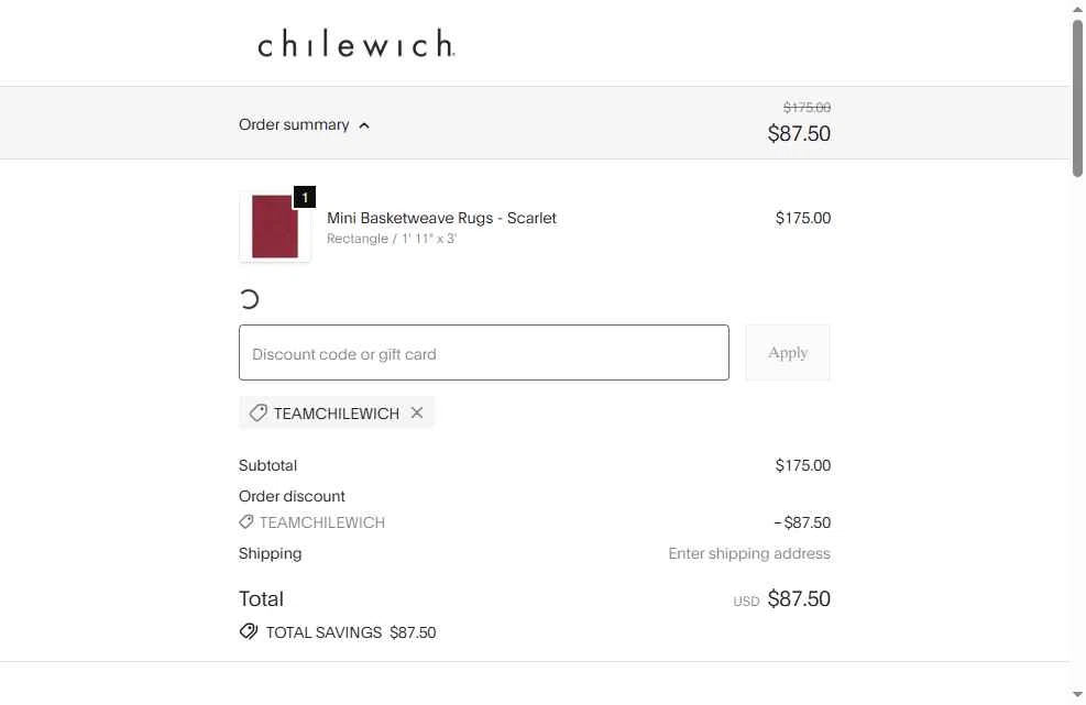 Chilewich checkout page showing Chilewich promo code box | Screenshot taken by SimplyCodes community member on Dec 23, 2025