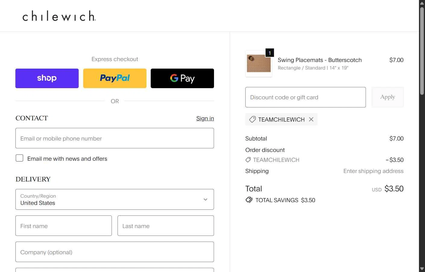Chilewich checkout page showing Chilewich promo code box | Screenshot taken by SimplyCodes community member on Jan 18, 2026