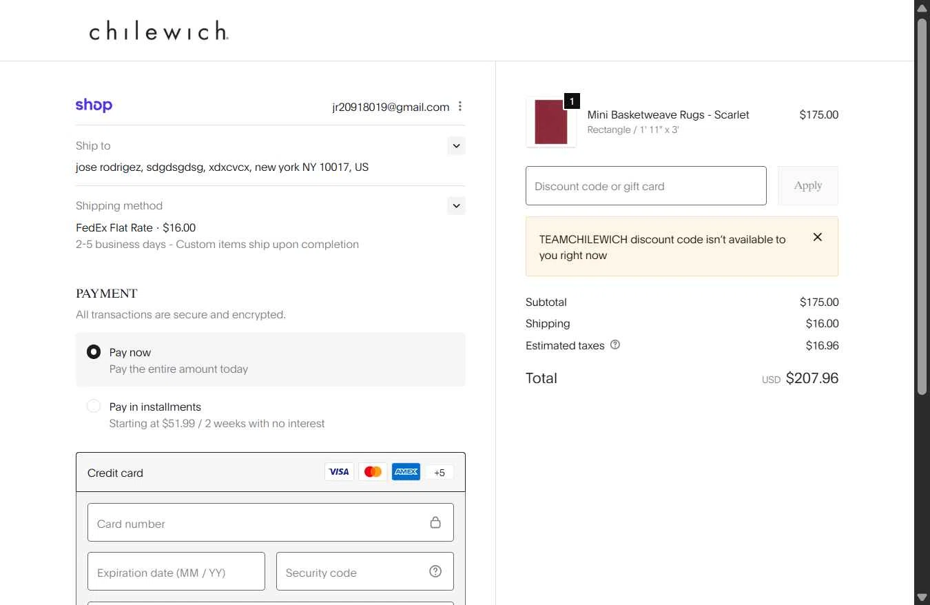Chilewich checkout page showing Chilewich promo code box | Screenshot taken by SimplyCodes community member on Dec 30, 2025