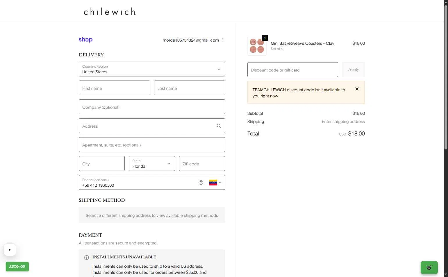 Chilewich checkout page showing Chilewich promo code box | Screenshot taken by SimplyCodes community member on Jan 13, 2026