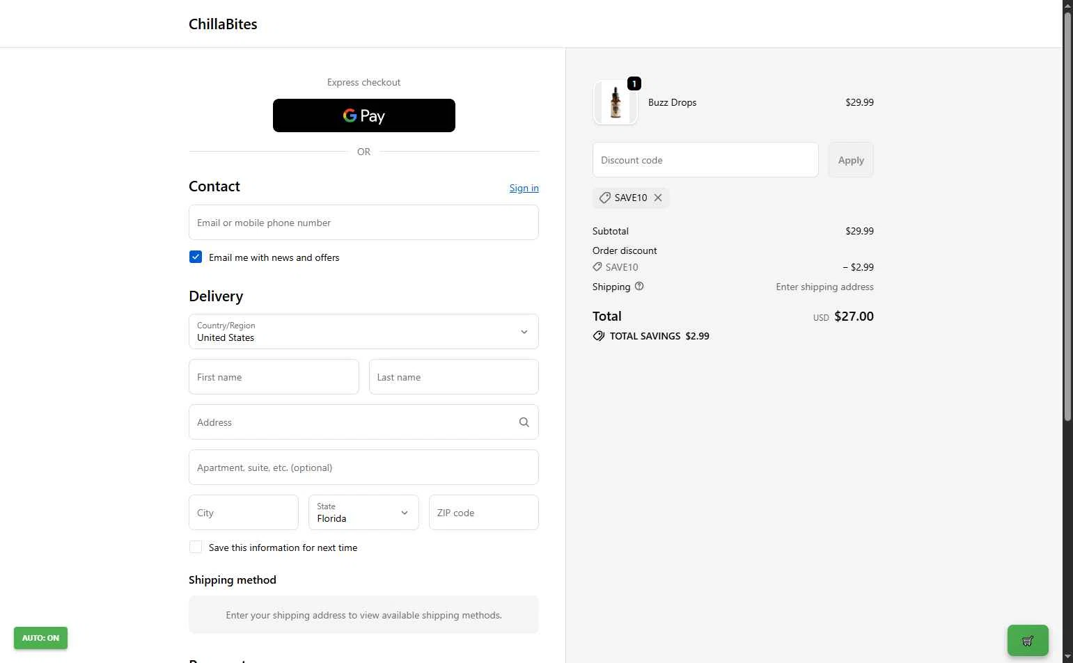 ChillaBites checkout page showing ChillaBites promo code box | Screenshot taken by SimplyCodes community member on Oct 22, 2025