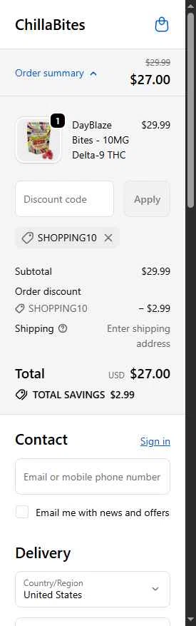 ChillaBites checkout page showing ChillaBites promo code box | Screenshot taken by SimplyCodes community member on Oct 22, 2025
