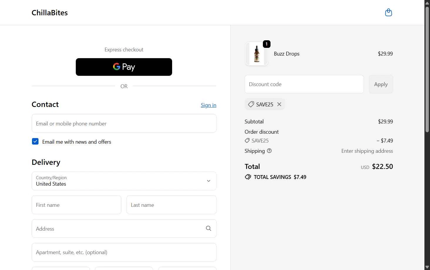 ChillaBites checkout page showing ChillaBites promo code box | Screenshot taken by SimplyCodes community member on Dec 19, 2025