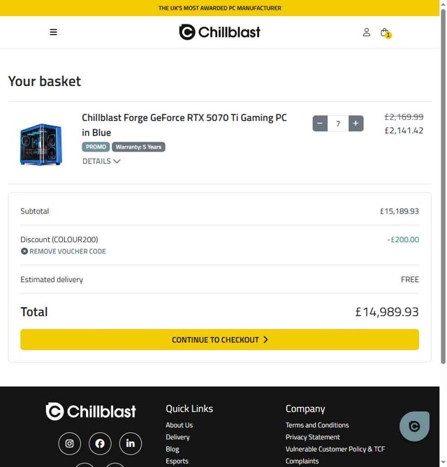 Chillblast checkout page showing Chillblast discount code box | Screenshot taken by SimplyCodes community member on May 20, 2025