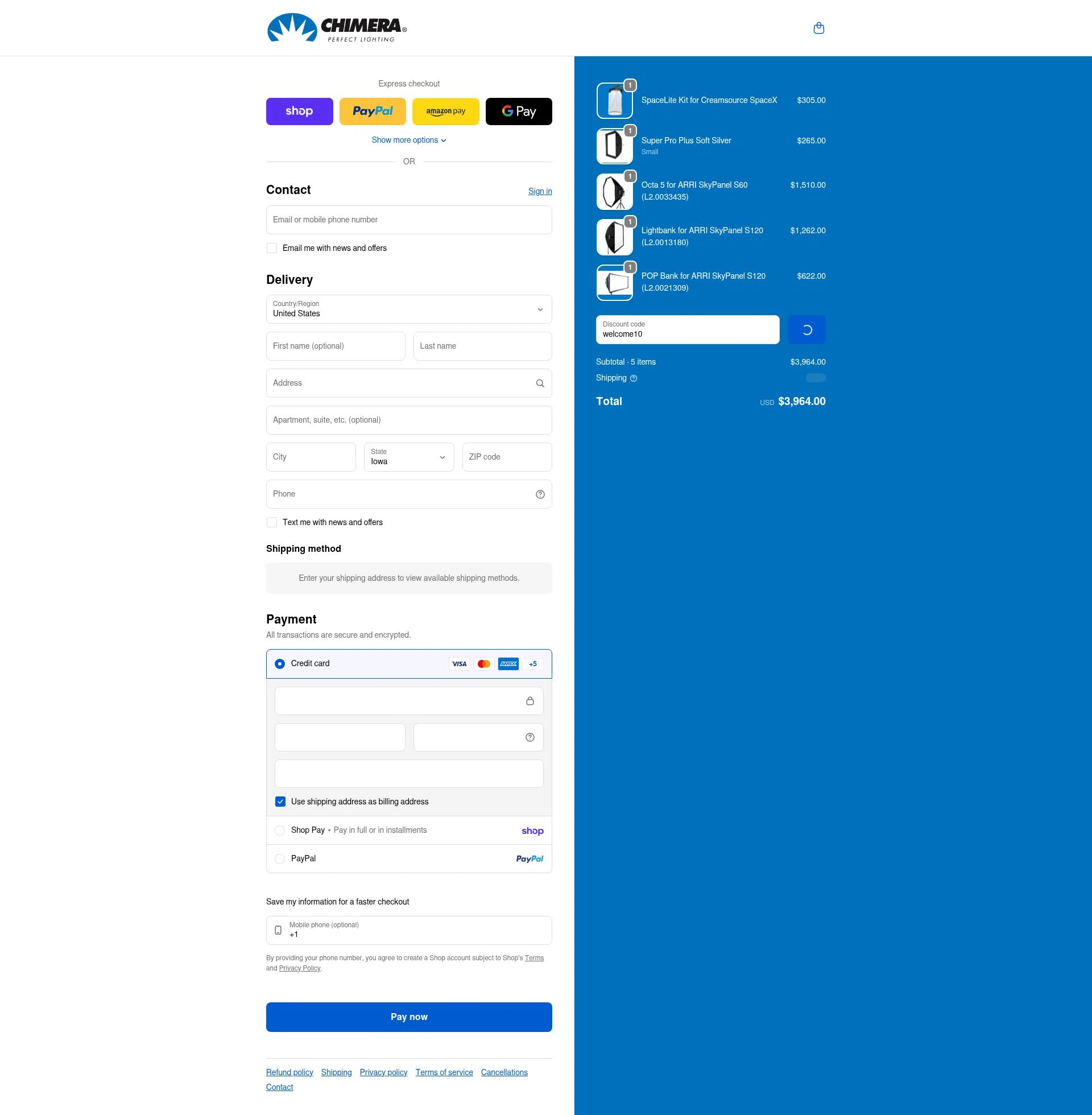 Chimera Lighting checkout page showing Chimera Lighting promo code box | Screenshot taken by SimplyCodes community member on Feb 8, 2026