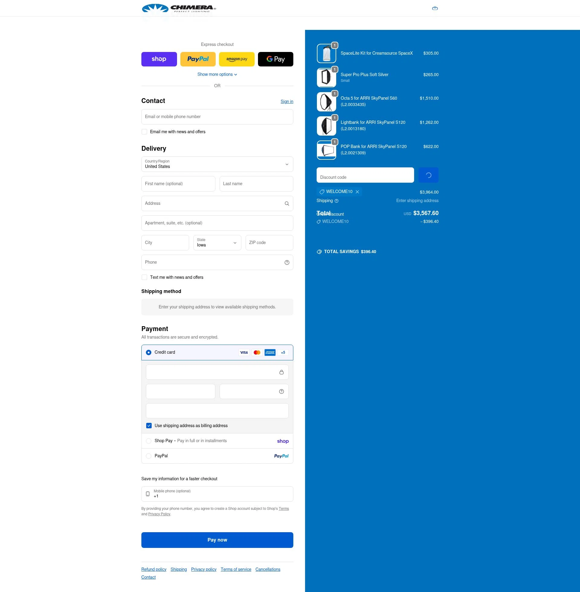 Chimera Lighting checkout page showing Chimera Lighting promo code box | Screenshot taken by SimplyCodes community member on Feb 3, 2026