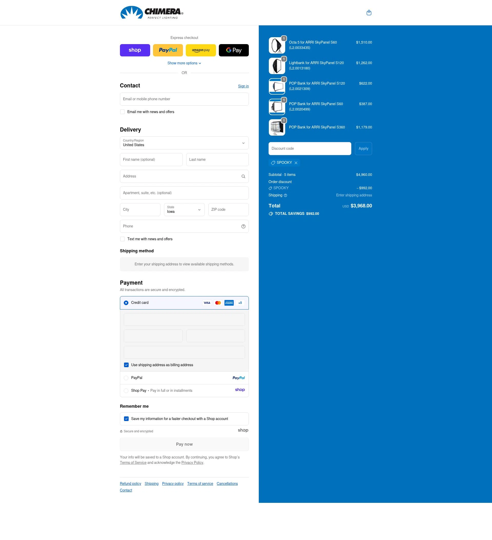 Chimera Lighting checkout page showing Chimera Lighting promo code box | Screenshot taken by SimplyCodes community member on Oct 31, 2025