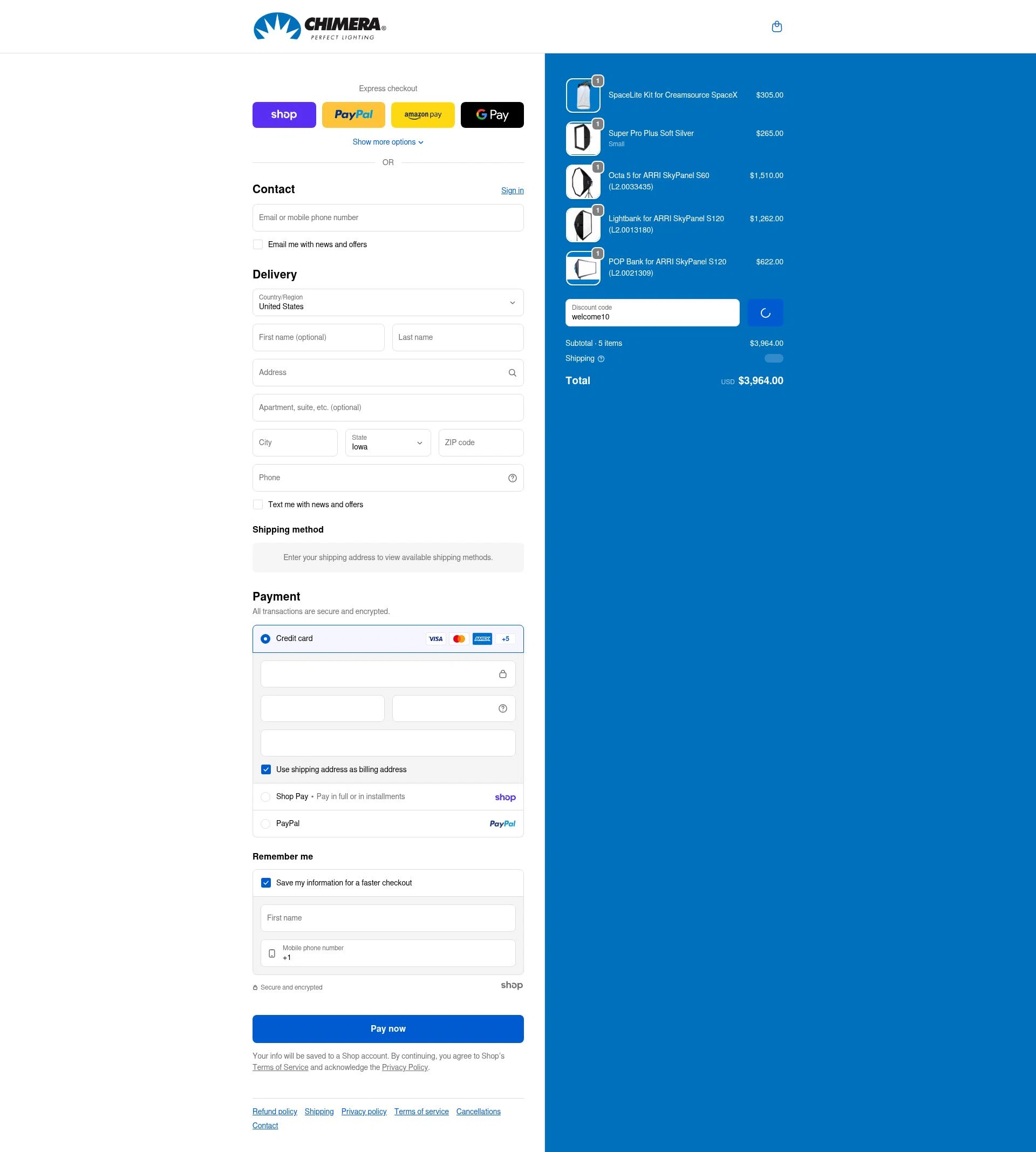Chimera Lighting checkout page showing Chimera Lighting promo code box | Screenshot taken by SimplyCodes community member on Jan 30, 2026
