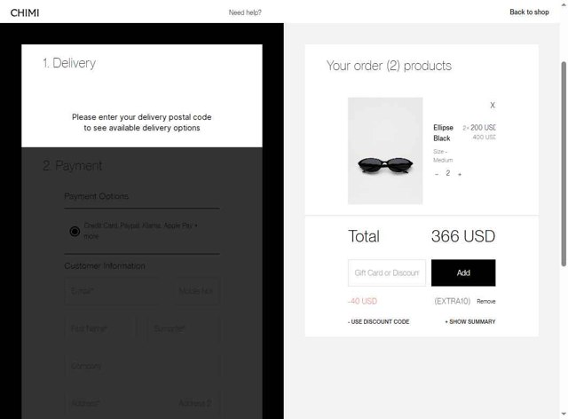 Chimi Eyewear checkout page showing Chimi Eyewear discount code box | Screenshot taken by SimplyCodes community member on May 14, 2025