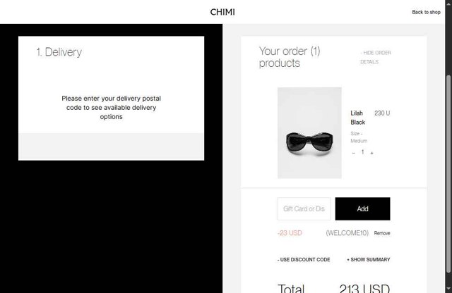 Chimi Eyewear checkout page showing Chimi Eyewear discount code box | Screenshot taken by SimplyCodes community member on May 16, 2025
