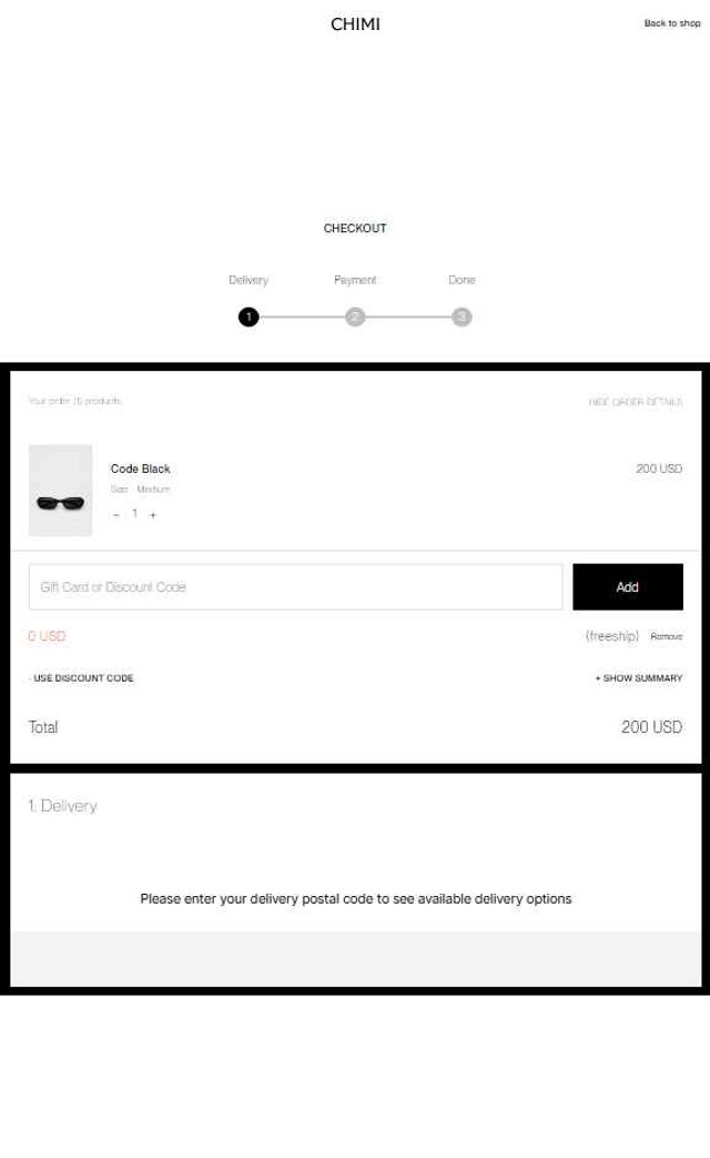 Chimi Eyewear checkout page showing Chimi Eyewear discount code box | Screenshot taken by SimplyCodes community member on Jun 16, 2025