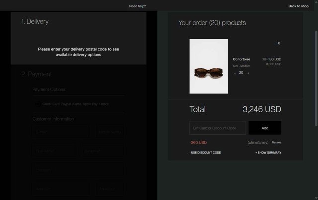 Chimi Eyewear checkout page showing Chimi Eyewear discount code box | Screenshot taken by SimplyCodes community member on Jun 10, 2025