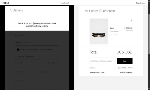 Chimi Eyewear checkout page showing Chimi Eyewear discount code box | Screenshot taken by SimplyCodes community member on Jun 27, 2025