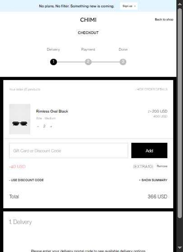 Chimi Eyewear checkout page showing Chimi Eyewear discount code box | Screenshot taken by SimplyCodes community member on May 14, 2025