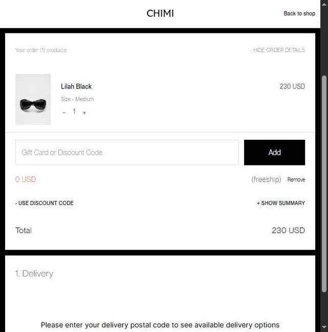 Chimi Eyewear checkout page showing Chimi Eyewear discount code box | Screenshot taken by SimplyCodes community member on May 18, 2025