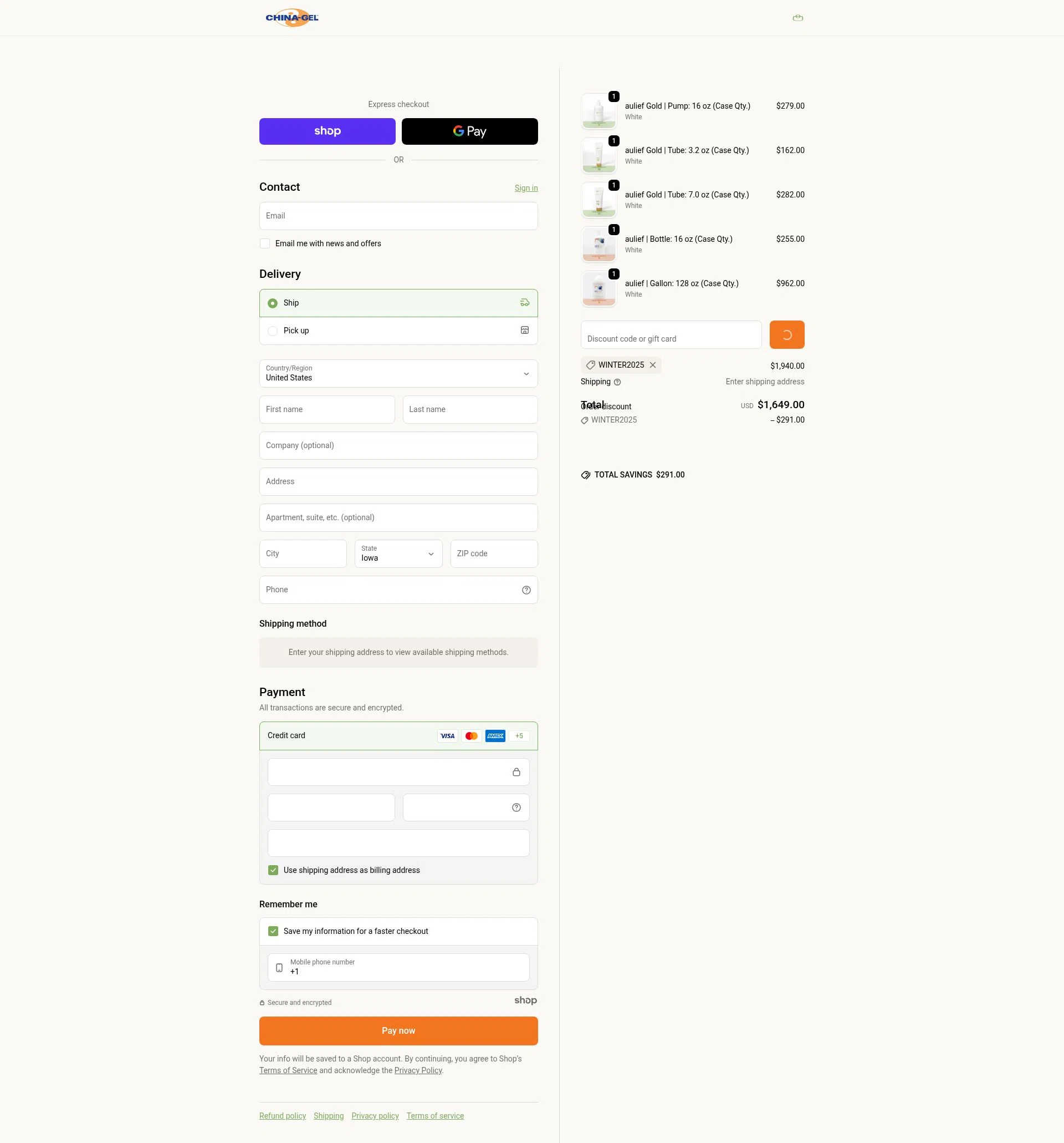 China-Gel checkout page showing China-Gel promo code box | Screenshot taken by SimplyCodes community member on Dec 31, 2025