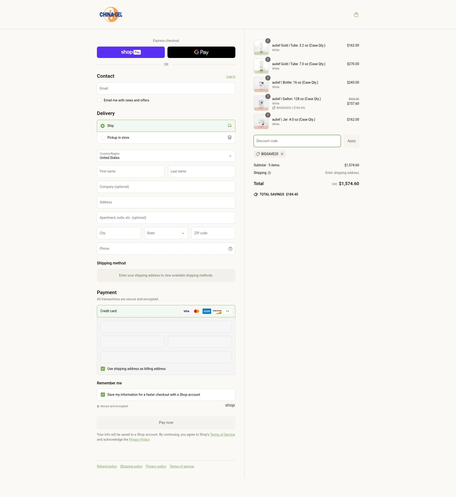 China-Gel checkout page showing China-Gel promo code box | Screenshot taken by SimplyCodes community member on Apr 19, 2025