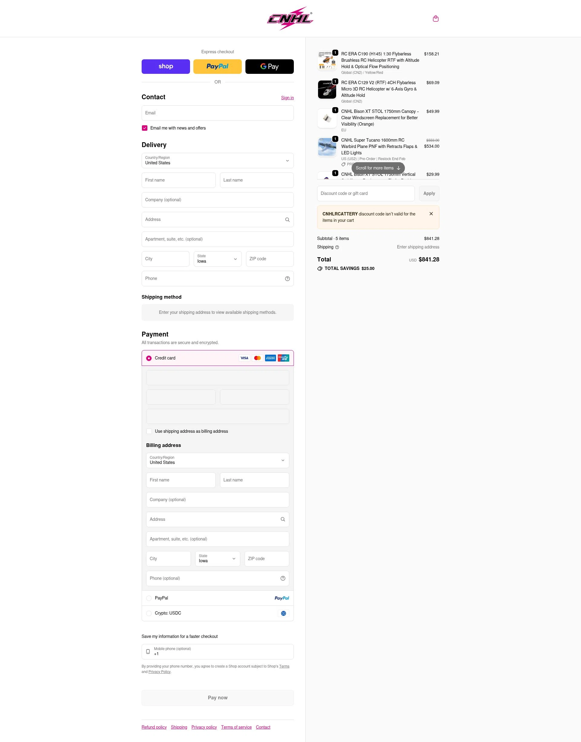ChinaHobbyLine checkout page showing ChinaHobbyLine discount code box | Screenshot taken by SimplyCodes community member on Feb 23, 2026