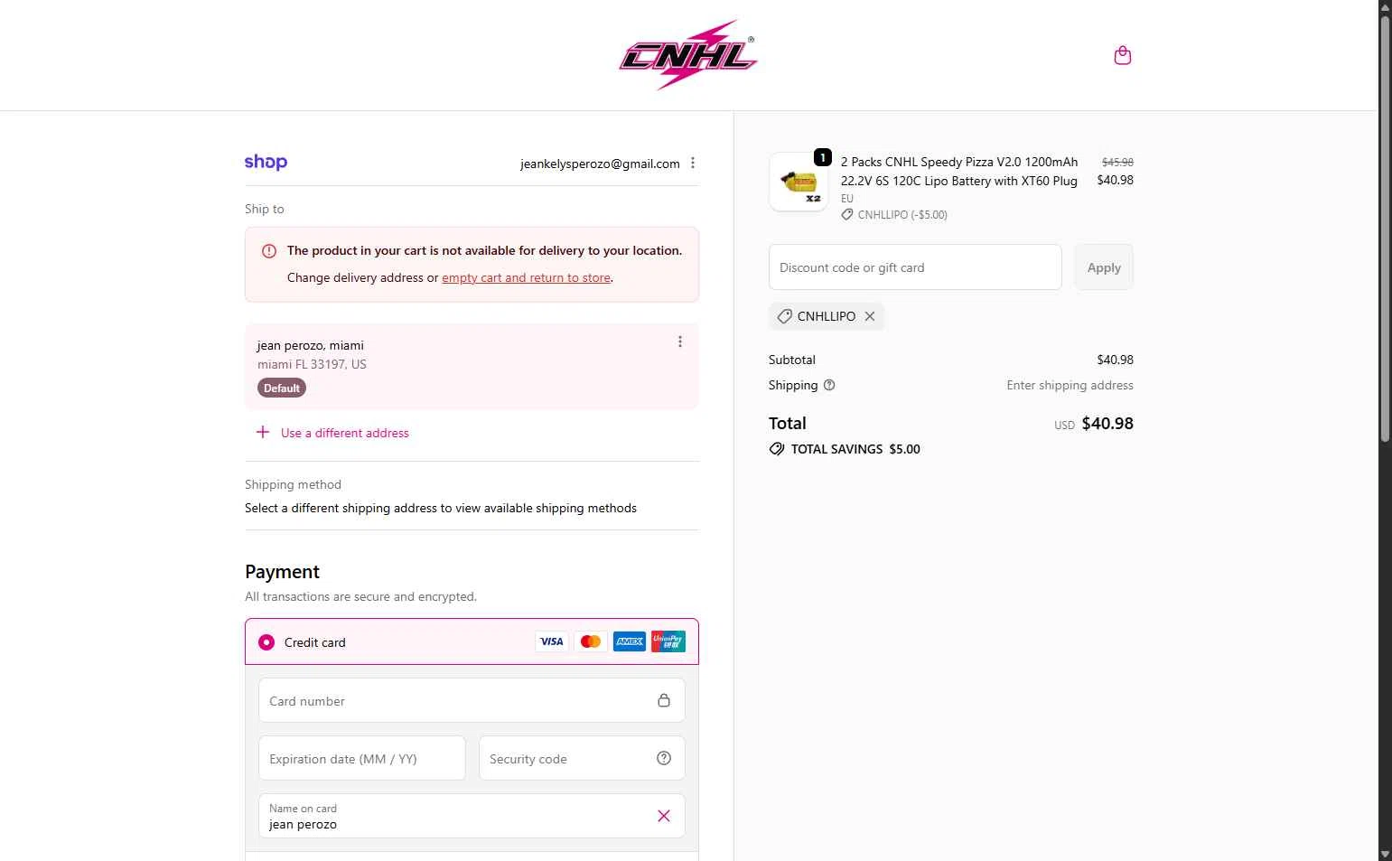 ChinaHobbyLine checkout page showing ChinaHobbyLine discount code box | Screenshot taken by SimplyCodes community member on Feb 23, 2026