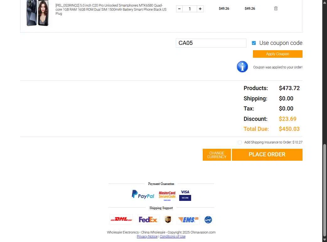 Chinavasion checkout page showing Chinavasion coupon code box | Screenshot taken by SimplyCodes community member on Jul 12, 2025