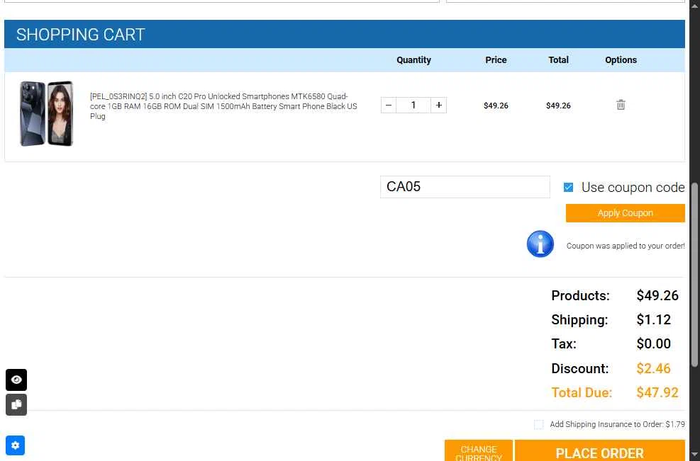 Chinavasion checkout page showing Chinavasion coupon code box | Screenshot taken by SimplyCodes community member on May 19, 2025