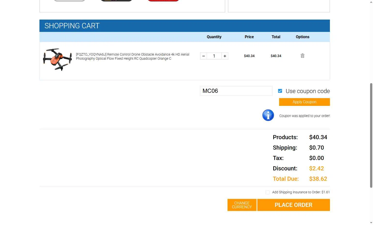 Chinavasion checkout page showing Chinavasion coupon code box | Screenshot taken by SimplyCodes community member on May 19, 2025