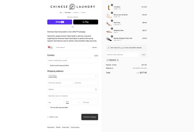 Chinese Laundry checkout page showing Chinese Laundry coupon code box | Screenshot taken by SimplyCodes community member on Aug 24, 2025