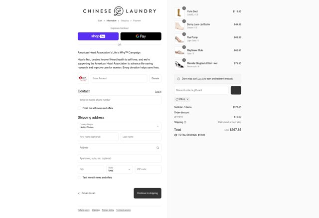 Chinese Laundry checkout page showing Chinese Laundry coupon code box | Screenshot taken by SimplyCodes community member on Aug 24, 2025