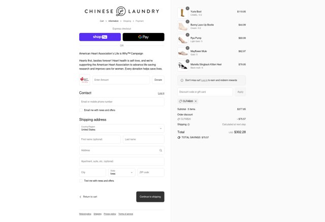 Chinese Laundry checkout page showing Chinese Laundry coupon code box | Screenshot taken by SimplyCodes community member on Aug 19, 2025