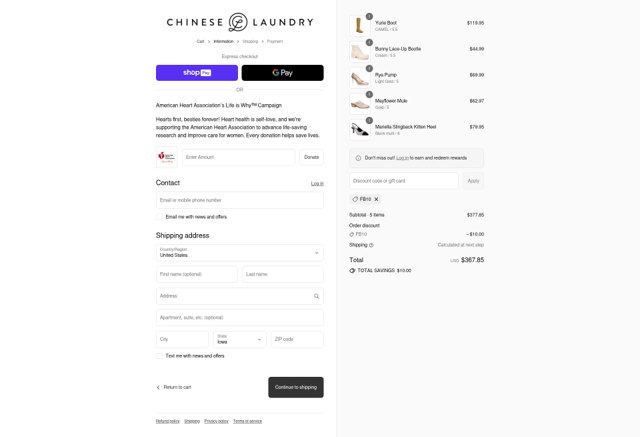 Chinese Laundry checkout page showing Chinese Laundry coupon code box | Screenshot taken by SimplyCodes community member on Aug 28, 2025